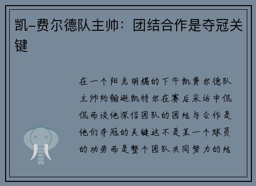 凯-费尔德队主帅：团结合作是夺冠关键