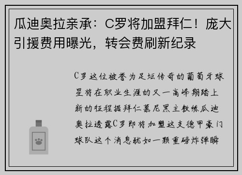瓜迪奥拉亲承：C罗将加盟拜仁！庞大引援费用曝光，转会费刷新纪录