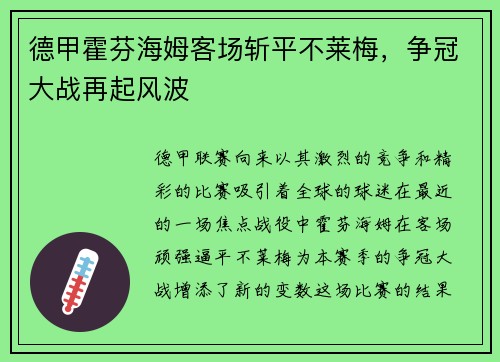 德甲霍芬海姆客场斩平不莱梅，争冠大战再起风波